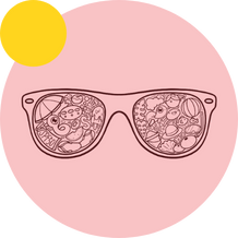 Sunglass illustration in pink circle with yellow circle